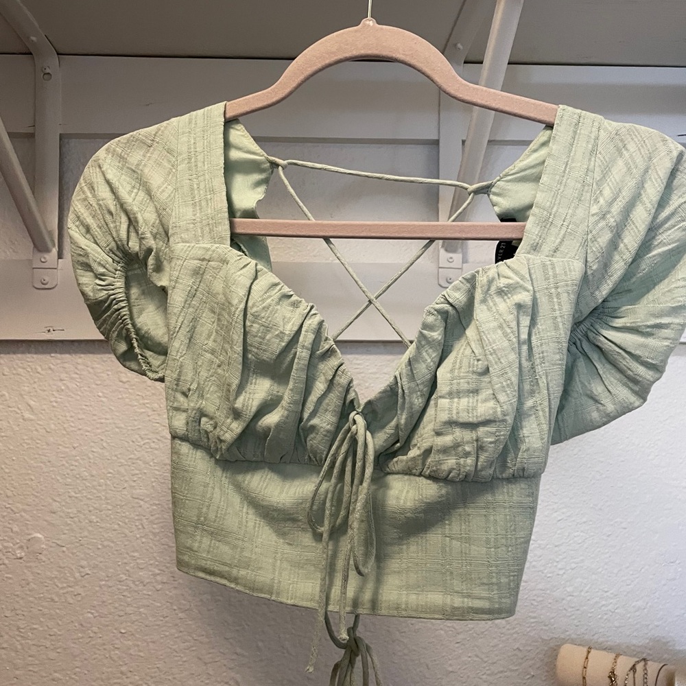Sage green crop top lace up